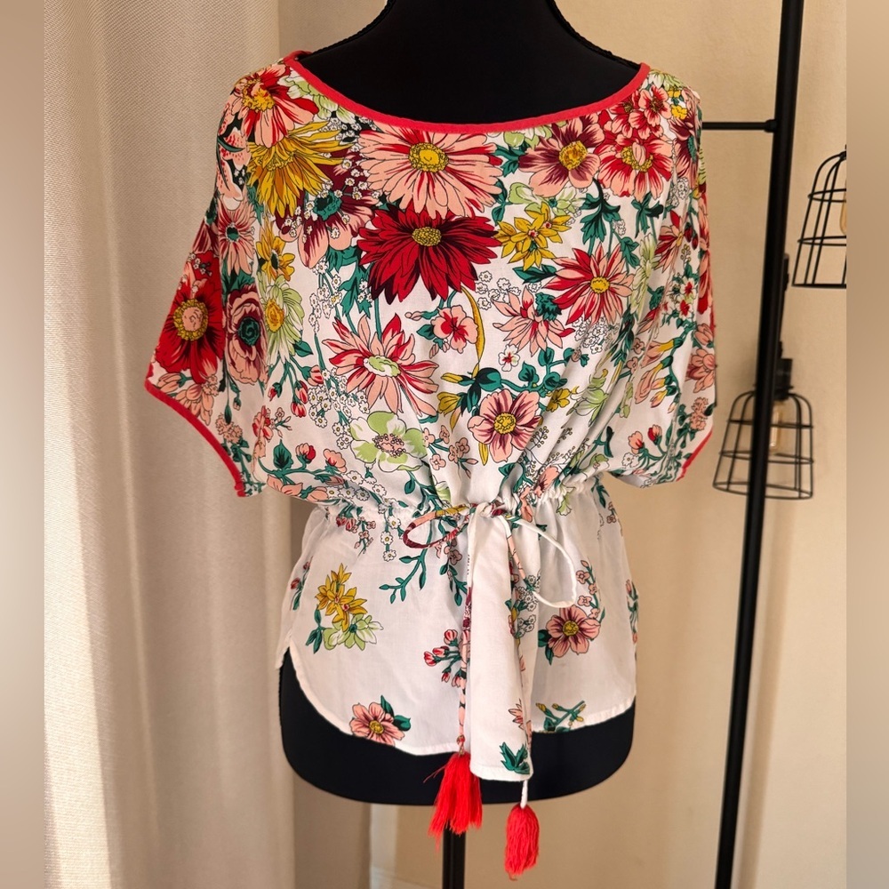 Anthropologie Floral Tie-Waist Blouse in White, Red, Yellow, Green